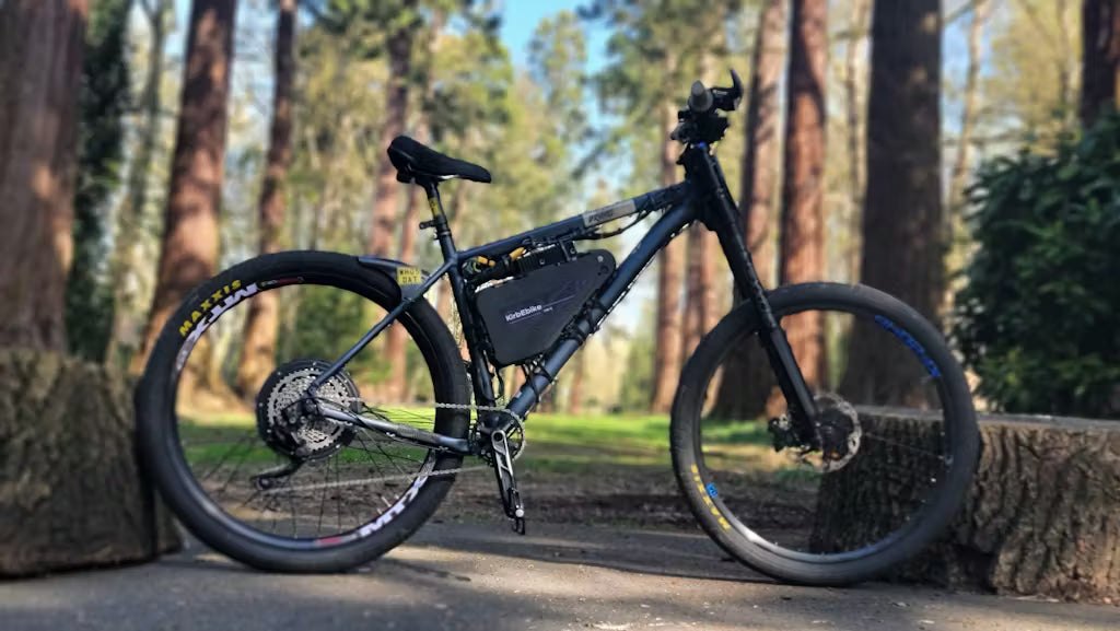 Customer mountain bike converted with a KirbEbike rear hub motor kit and frame battery