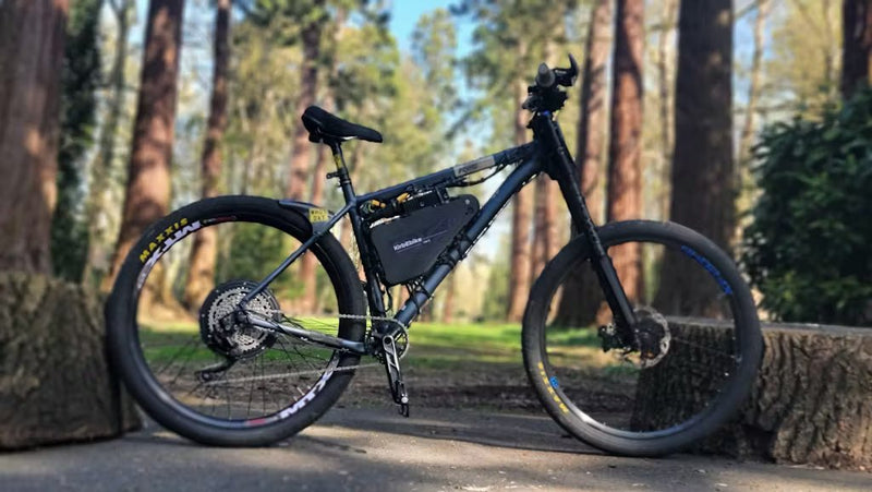 Customer mountain bike converted with a KirbEbike rear hub motor kit and frame battery