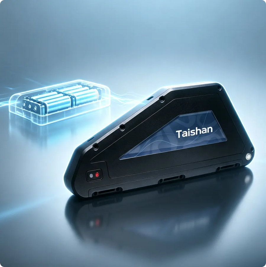 Down-tube battery showing its power button and five-bar charge level indicator on the case